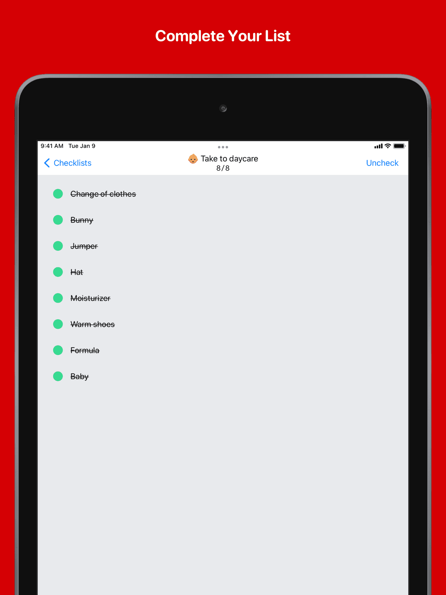 iPad showing completed checklist